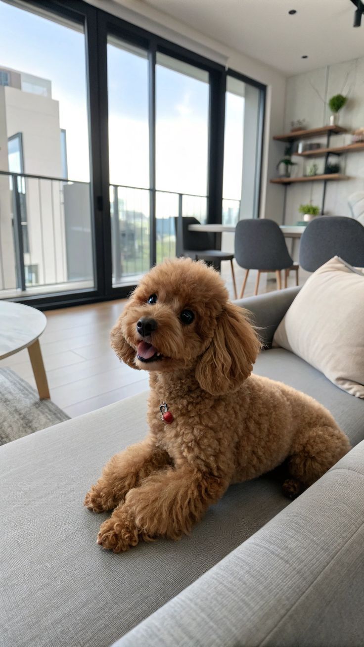 Caniche recién peluqueado en el sofá de casa